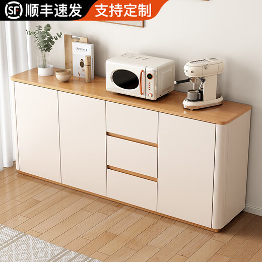 Yuanting solid wood sideboard integrated wall cabinet living room kitchen storage storage cabinet multi-functional tea cabinet tea side cabinet warm white + log color countertop 120cm solid wood + arc corners (two doors and three drawers)