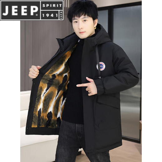 JEEP SPIRIT parka men's winter jacket plus velvet and thickening mid-length windproof jacket trendy winter warm cotton jacket for men 2801 black plus velvet and thickening M 90-110Jin Jin is equal to 0.5 kg
