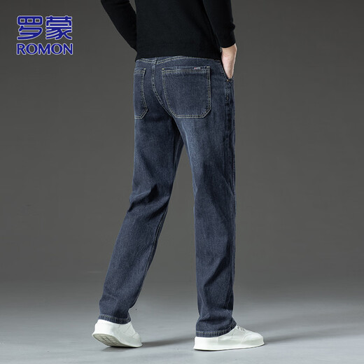 ROMON high-end jeans men's autumn and winter loose straight casual pants men's trendy versatile men's pants gray black blue 32