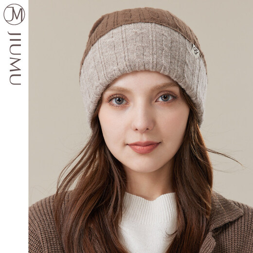 JIUMU Wool Hat Women's Autumn and Winter Wool Versatile Double-layer Thickened Warm Postpartum Cold Hat Double-Sided Knitted Elderly Hat Brown One Size _56-60CM