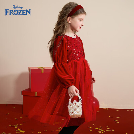 Disney (Disney) Girls Red Dress Winter New Children's Christmas Dress New Year Dress Girls Winter Dress Mesh Skirt Red 120