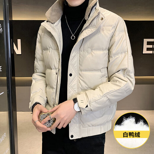 KBXNG劲霸冬季新款皮衣羽绒服男短款修身羊羔毛领夹克加厚保暖外套潮流 黑色(可拆卸毛领) L 90到105斤