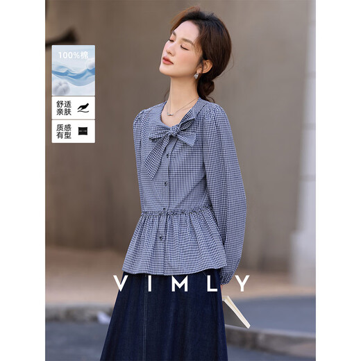 Fanximan blue fashion plaid cotton shirt for women 26 spring new butterfly tie round neck long-sleeved top A3835 blue plaid S (recommended 90-100Jin Jin equals 0.5 kg)