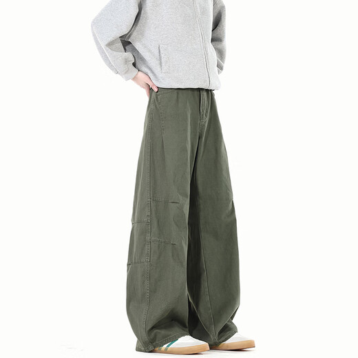 LOMBT Mono retro americano para hombre, pantalones casuales rectos, altos y versátiles, de pierna ancha, de algodón puro, de primavera, LX18, verde militar, L