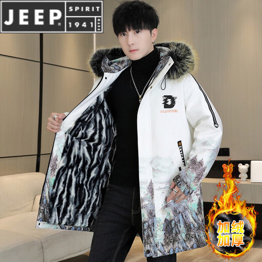 JEEP SPIRIT plus velvet and thickened men's jackets and jackets, a larger style to overcome cotton coats, autumn and winter men's mid-length cotton coats, windbreakers, white, plus velvet and thickened M, recommended 90-105 Jin Jin equals 0.5 kg