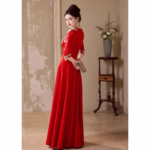 Timochi host dress female adult temperament annual meeting choir performance dress long skirt recitation evening student red song competition red S