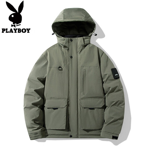 Playboy Plus Size Men's Down Jacket Winter Thickened Warm Hooded Jacket Plus Fat Plus Fat Loose Casual Workwear Trend Military Green L Recommended 120-140 Jin Jin equals 0.5 kg