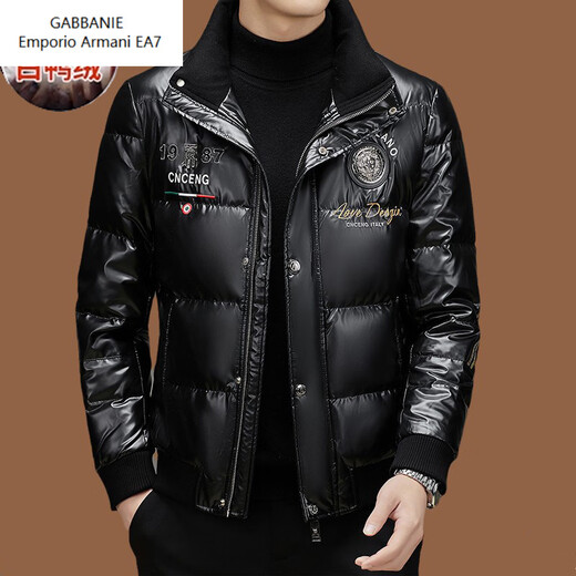 Emporio Armani EA7阿玛尼高端亮面免洗羽绒服男士夹克新款立领时尚绣花外套潮 黑色高端羽绒服 L