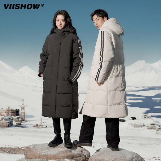 Viishow new men and women couples long hooded down jacket casual temperament wide version comfortable and warm black S