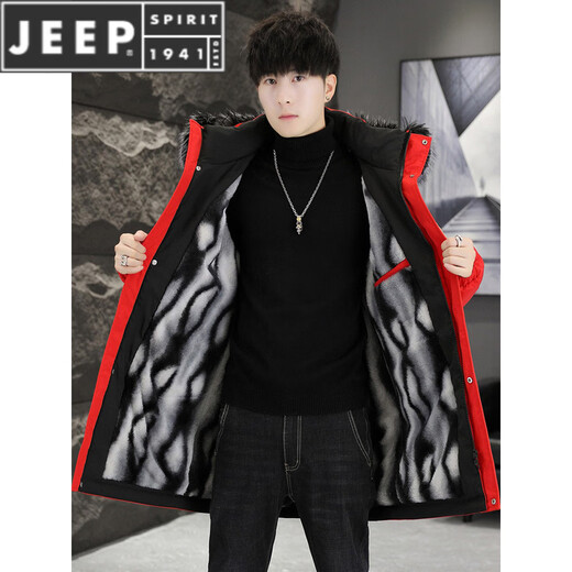 JEEP SPIRIT mid-length cotton coat 2025 new winter trend warm windbreaker plus velvet thickened parka jacket long coat 2383 red (with fur collar) Wang M