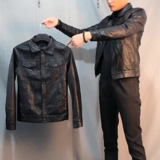SEPTWOLVES short handsome trendy fashion thickened motorcycle Pu leather jacket social spirit young people slim street lapel clip black plus velvet M 85-110Jin Jin is equal to 0.5 kg