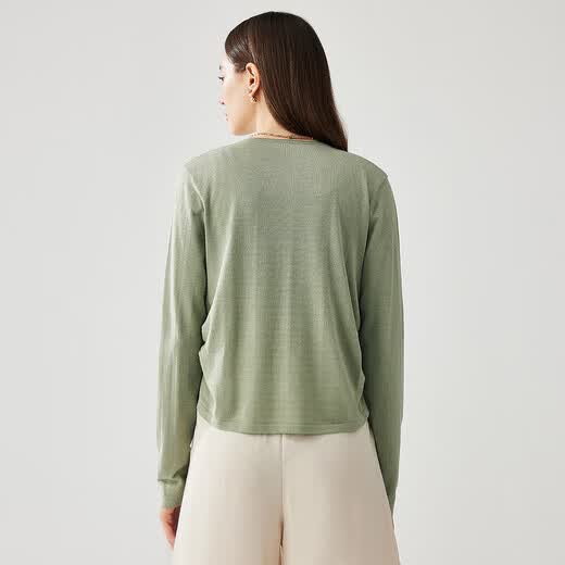 Zhaojun Spring and Summer Lyocell Tencel Sweater Women's Round Neck Long Sleeve Cardigan Solid Color Thin Top Mint Green L