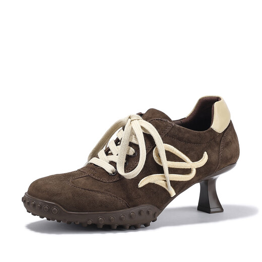 Bella Lily 2026 spring new European and American style high heels women's sheepskin moral training shoes retro niche casual shoes coffee color 35