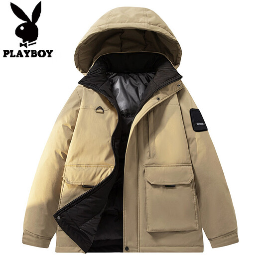 Playboy Plus Size Men's Down Jacket Winter Thickened Warm Hooded Jacket Plus Fat Plus Fat Loose Casual Workwear Trend Military Green L Recommended 120-140 Jin Jin equals 0.5 kg