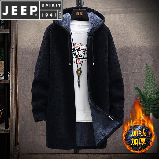 JEEP SPIRIT mid-length velvet jacket men's autumn and winter knitted sweater cardigan thickened hooded windbreaker men's jacket 8819 black M