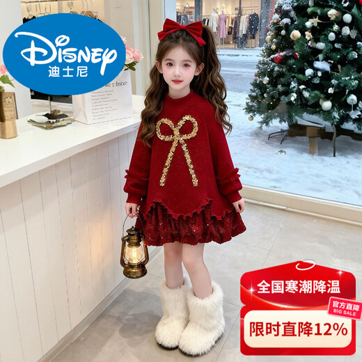 Disney girls New Year's dress winter 2025 new children's velvet sweatshirt dress medium and large children's winter clothing red New Year's greetings red velvet style fabric upgrade 110 cm