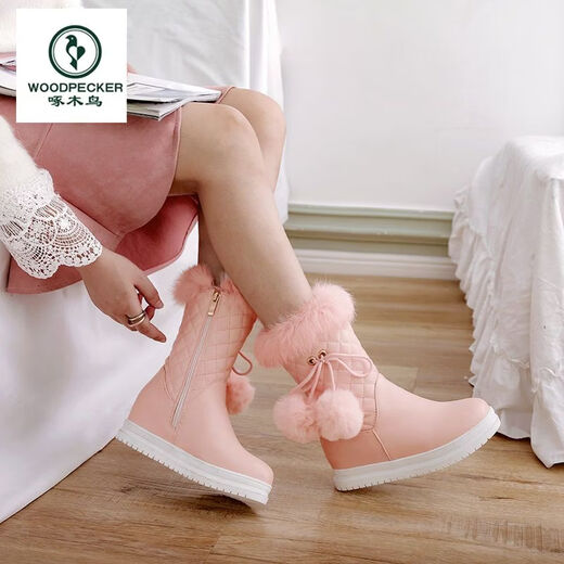 Woodpecker 2025 New Sweet Student Short Boots Women's Winter Thickened Anti-Slip Cotton Shoes Women's Velvet Warm Mid-calf Snow Boots Women's White (Plus Thick Velvet) Free Socks 37