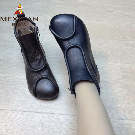 Scarecrow ethnic style retro genuine leather short boots for women 2026 autumn new style comfortable soft sole cotton and linen single boots round toe flat fashion boots black plus velvet 35