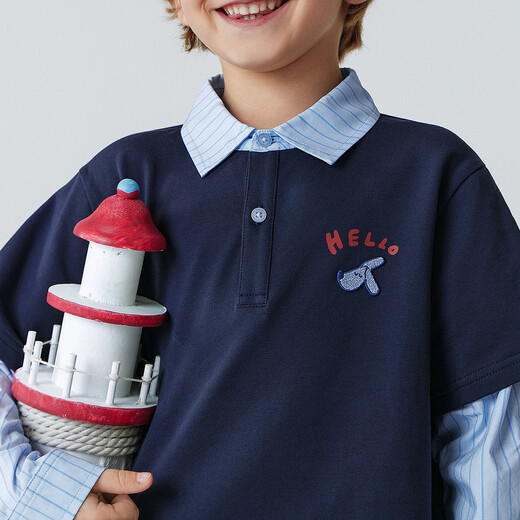 Mini Bala (minibala) boys and children fake two-piece long-sleeved T-shirt spring new soft and comfortable elastic college style top dark blue 80857 150