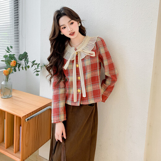 Ives (ITISF4) Spring Festival Sweet Temperament Jacket Spring Slimming Exquisite Ruffled Plaid Versatile Top Shirt Red Plaid S