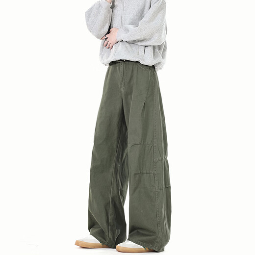 LOMBT Mono retro americano para hombre, pantalones casuales rectos, altos y versátiles, de pierna ancha, de algodón puro, de primavera, LX18, verde militar, L