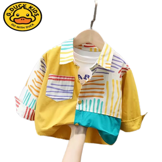 G.duck children's clothing boys' long-sleeved shirts children's fashionable tops baby jackets Korean style children's all-match shirts 24 spring and summer style patchwork shirt 80cm plus size not too small