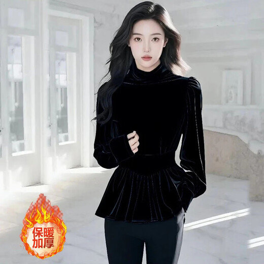 Hengyuanxiang gold velvet bottoming shirt women's top autumn and winter style inner long-sleeved shirt 2025 black thickened plus velvet black plus velvet style L 110-120Jin Jin is equal to 0.5 kg
