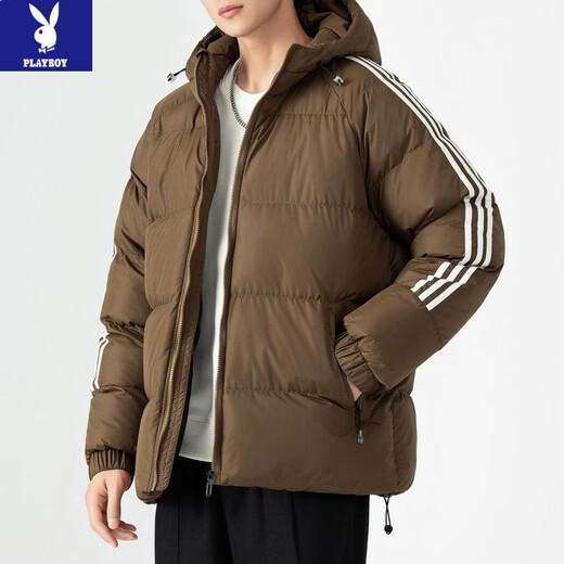 Playboy (PLAYBOY) new winter thickened hooded cotton jacket, warm and cold-proof cotton coat, casual bread coat, three-stripe cotton coat, men's jacket, Khaki S