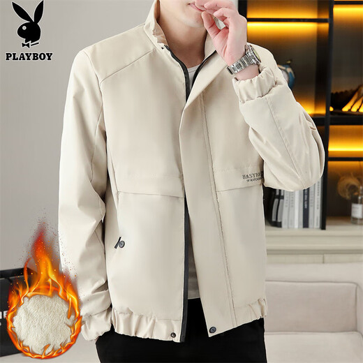 Playboy (PLAYBOY) Jacket Men's Velvet Thickened Jacket Men's Autumn and Winter Workwear Casual High-End Warm Cotton Clothes Beige Velvet XL Recommended 120-135Jin Jin equals 0.5 kg
