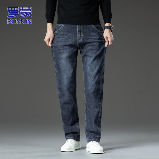 ROMON high-end jeans men's autumn and winter loose straight casual pants men's trendy versatile men's pants gray black blue 32