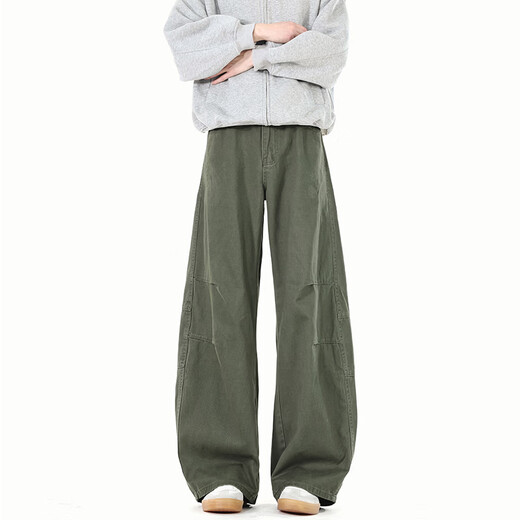 LOMBT Mono retro americano para hombre, pantalones casuales rectos, altos y versátiles, de pierna ancha, de algodón puro, de primavera, LX18, verde militar, L