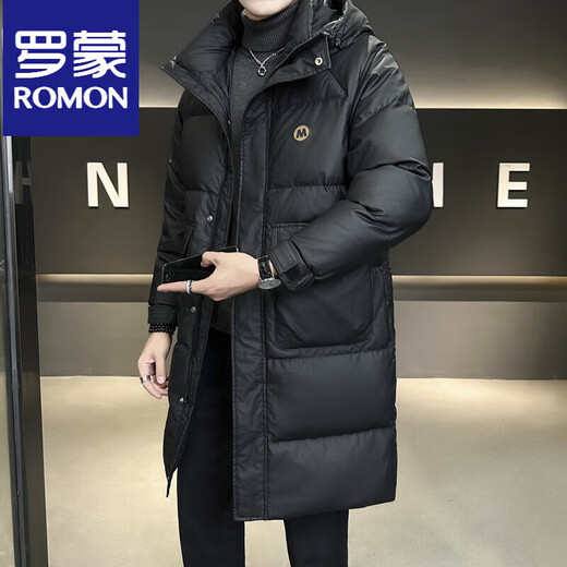 罗蒙（ROMON）羽绒服男冬季外套2025新款中长款连帽高端帅气保暖加厚冬装男 黑色国标 M
