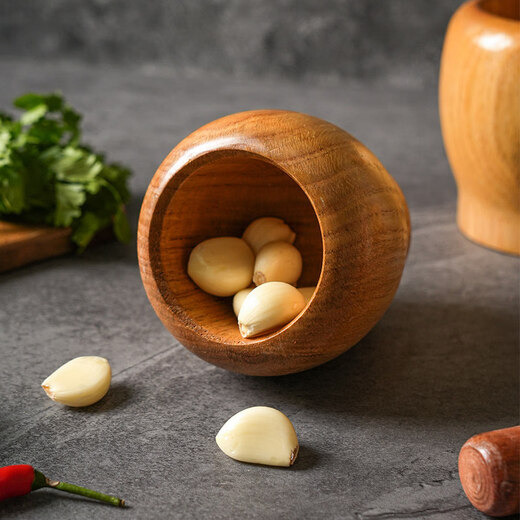 Sheli solid wood garlic mortar, log garlic masher, medicinal jar, wooden grinder, household chili garlic masher, medium size (with garlic masher)