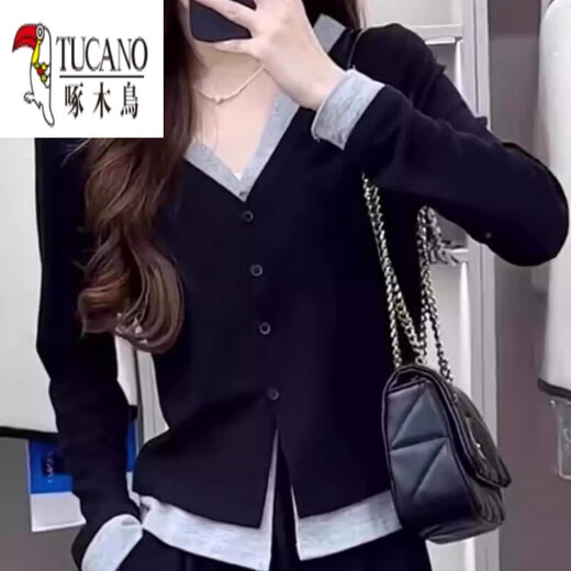 Woodpecker (TUCANO) large size fake two-piece V-neck long-sleeved T-shirt for women in spring and autumn fat MM slim-fitting bottoming shirt slimming cardigan new top Picture color L Recommended 100Jin Jin is equal to 0.5kg -120Jin Jin is equal to 0.5kg