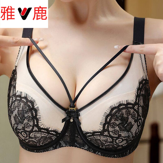 Yalu sexy lace soft steel ring bra push-up breast lift anti-sagging adjustable breast-shrinking anti-expansion bra black skin 105C 46