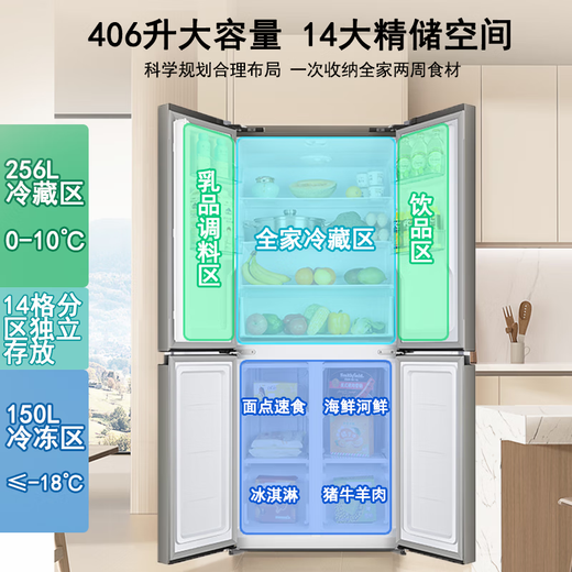 Chigo refrigerator air-cooled frost-free 406L double-door multi-door refrigerator home large-capacity cross four-door embedded smart refrigerator cross door 406 upgraded energy efficiency fixed frequency direct cooling white