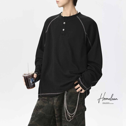 Homlean casual sweatshirt Henry collar long-sleeved T-shirt men's loose inner textured versatile top HW11 Obsidian Black L