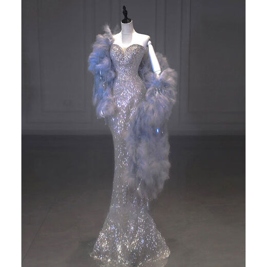 Silver evening dress with a sense of plutocrat daughter dinner annual meeting fishtail skirt engagement bride toasting suit temperament socialite single dress XS XS