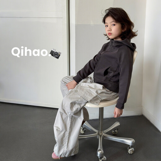 SEVEN BOBI Parent-Child No. 7 Children's Warehouse Girls' Korean Style Casual Hooded Jacket 2026 Spring New Long Sleeve Zipper Trend Light Gray Gray Ready Stock 110 cm