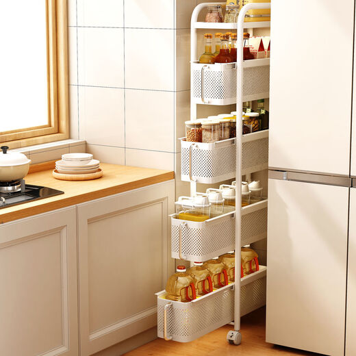 Fantasy kitchen storage rack refrigerator side pull-out removable narrow floor-to-ceiling storage cabinet German gray five-layer 18 wide pull-out style with 304 stainless steel handle
