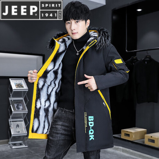JEEP SPIRIT winter parka men's velvet thickened jacket trendy winter mid-length windbreaker warm cotton men's jacket BDQ black rice plus velvet thickened with fur collar L
