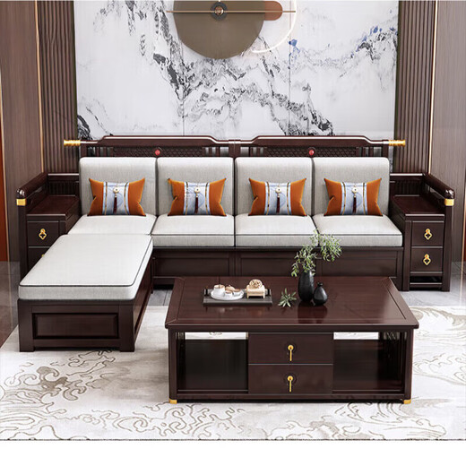 Fansenrong 2026 new solid wood sofa new Chinese style golden sandalwood combination modern winter and summer dual-use small and medium-sized storage sofa 1+2+3+square coffee table+1 square table