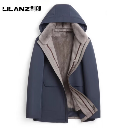 LILANZ official winter parka men's mink liner hooded middle-aged and elderly full mink coat mid-length Nike authentic navy shell + iron gray full mink + rex rabbit fur sleeves - flagship model L 170