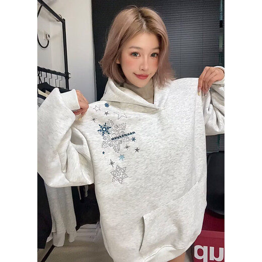 American high street white and gray hooded sweatshirt for men and women in autumn and winter trendy brand niche design velvet jacket top picture color velvet XL