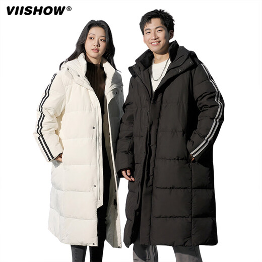 Viishow new men and women couples long hooded down jacket casual temperament wide version comfortable and warm black S