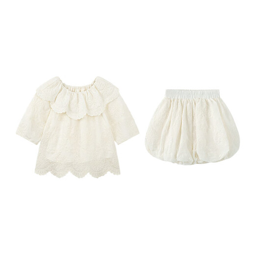 SEVEN BOBI No. 7 Children's Warehouse Girls' Korean Style Western Style Lapel Embroidered Jacquard Shirt Summer New Style Lace Trim Shorts Trendy Off-White Shirt Ready in Stock 120 cm