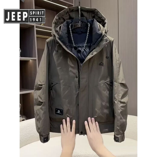 JEEP SPIRIT吉普工装连帽羽绒服男2025冬季新款美式简约青年户外保暖纯色鸭绒 绿色 XL 建议体重140-155斤