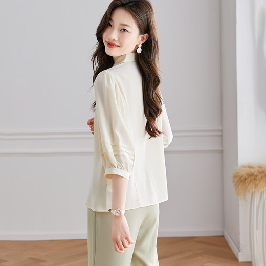 Shexi (Srcr) 100% mulberry silk European style lantern sleeve silk shirt women's spring and autumn fashion high-end top