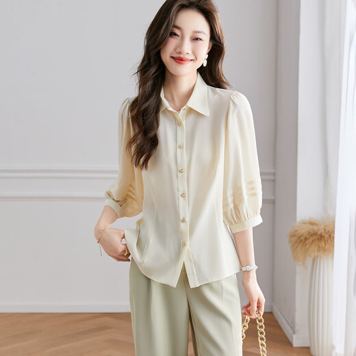 Shexi (Srcr) 100% mulberry silk European style lantern sleeve silk shirt women's spring and autumn fashion high-end top