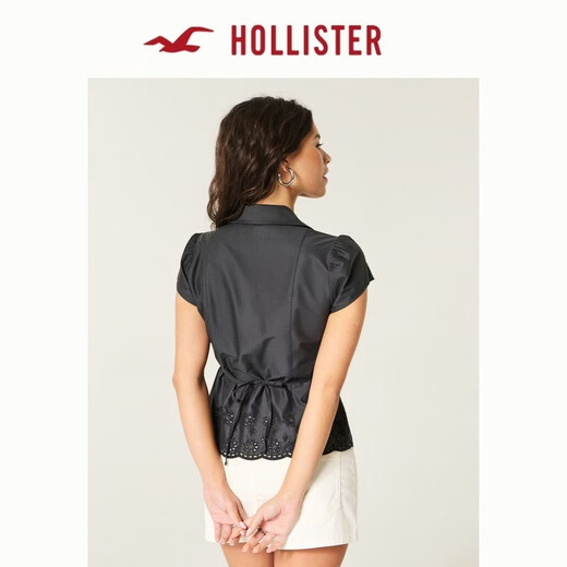 HOLLISTER American sweet lady style waist-tie slim short-sleeved shirt 26 spring women's wear 340-6026 black XXS (160/76A)